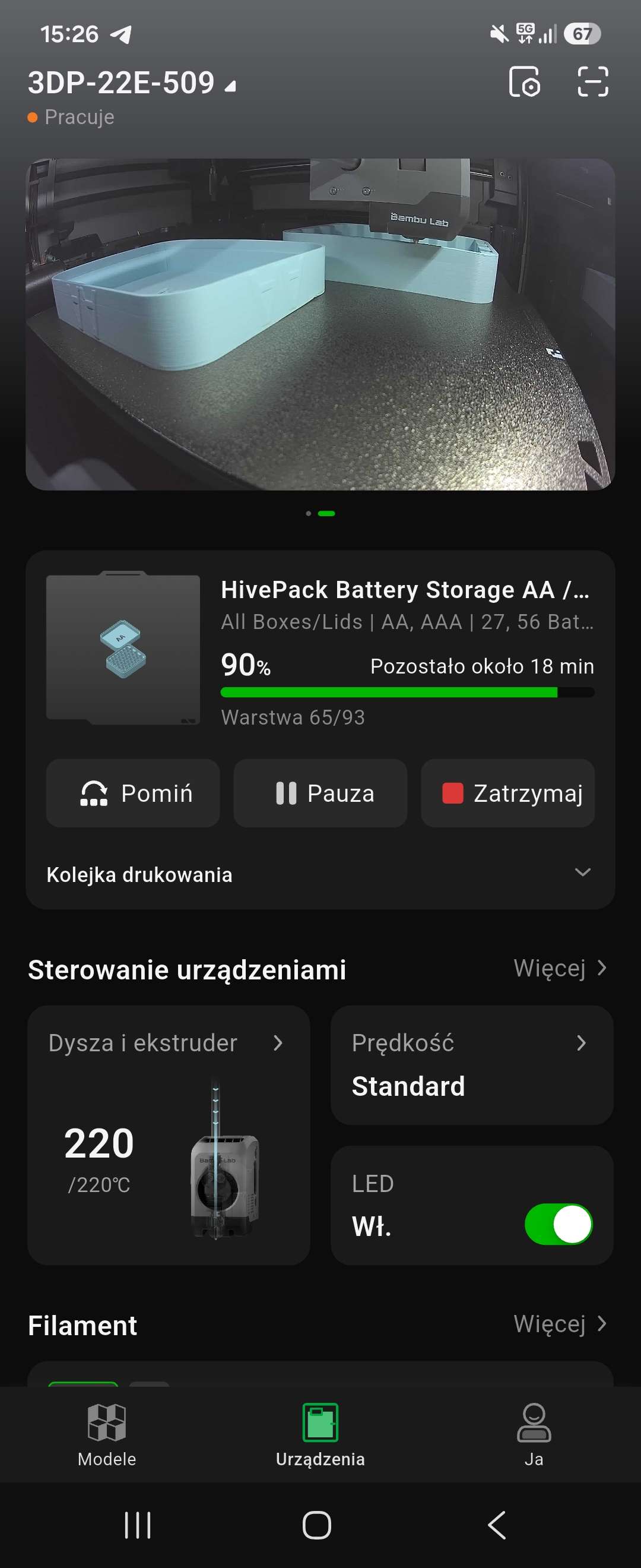 Bambu Handy - podgląd kamery i status wydruku na telefonie