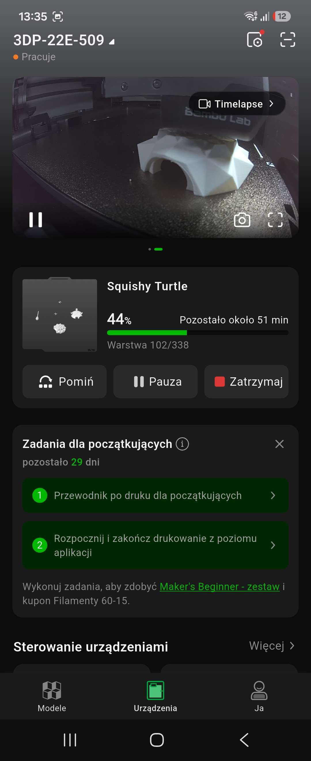 Bambu Handy - kolejny widok podglądu podczas druku