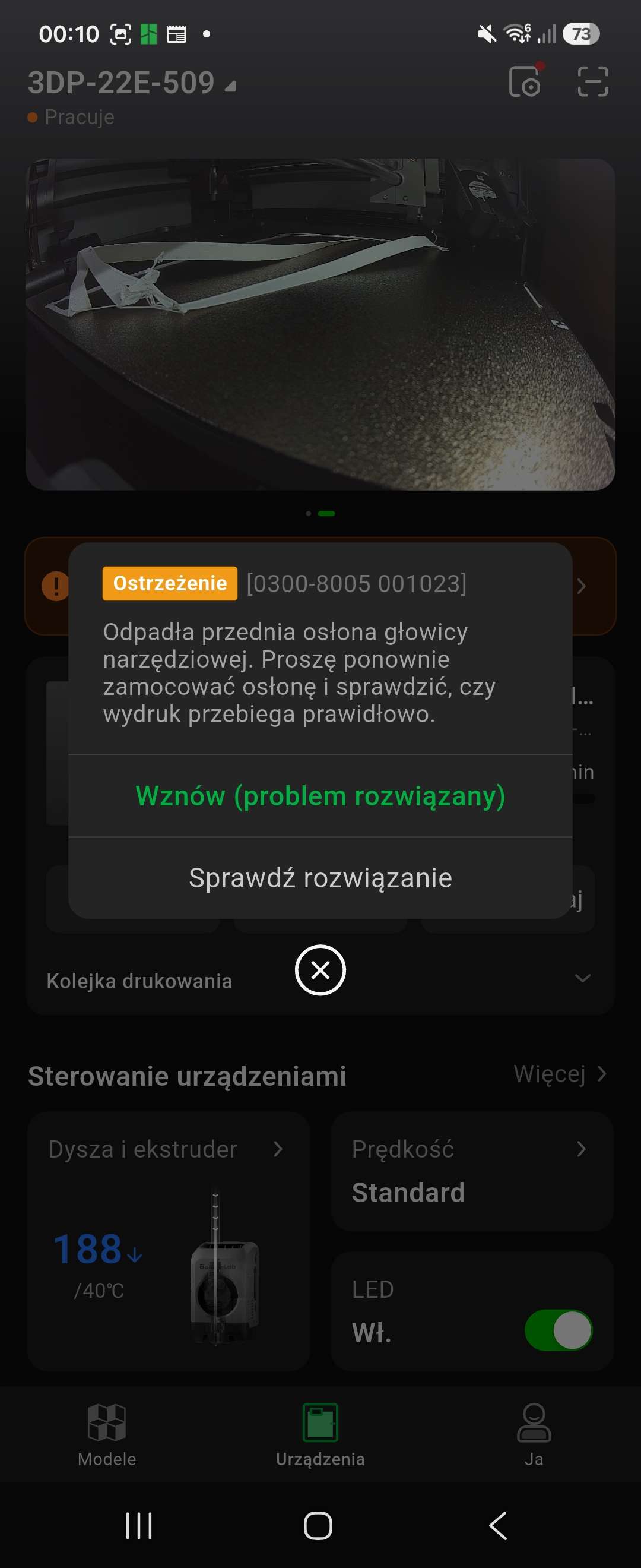 Bambu Handy - komunikat o błędzie podczas druku